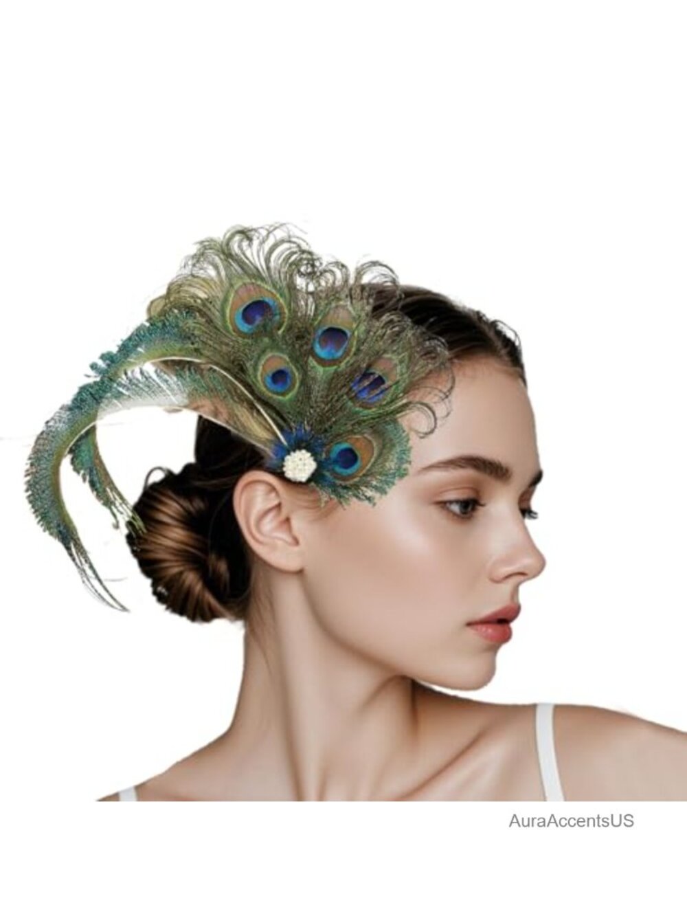 Peacock Feather Hair Clip Rhinestone 1920s Gatsby Headpiece